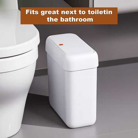 Funest slim compact trash bin fits between vanity and toilet, saving space.