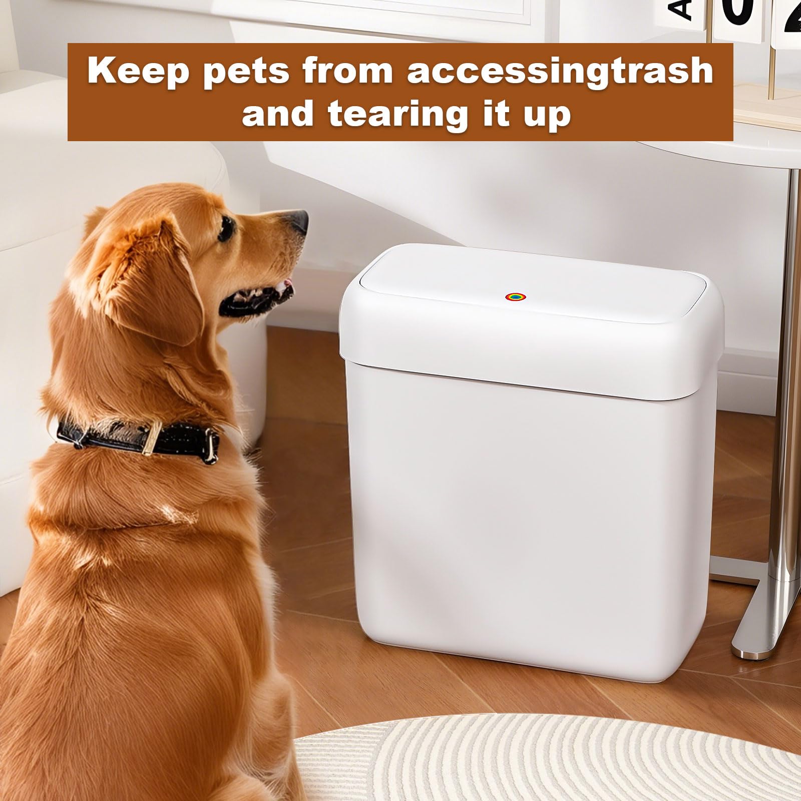 Funest pop-up lid for easy, one-handed trash disposal.
