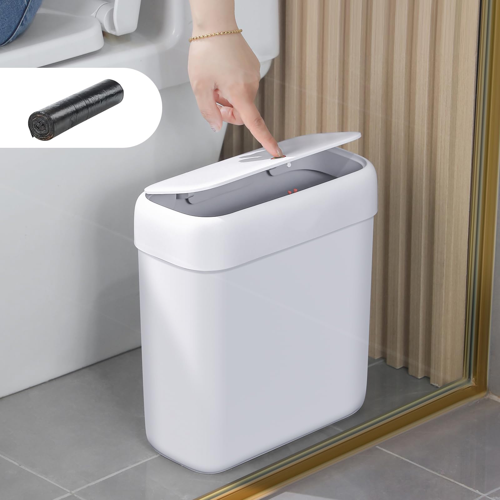 Funest trash can with press-top lid for easy one-handed disposal