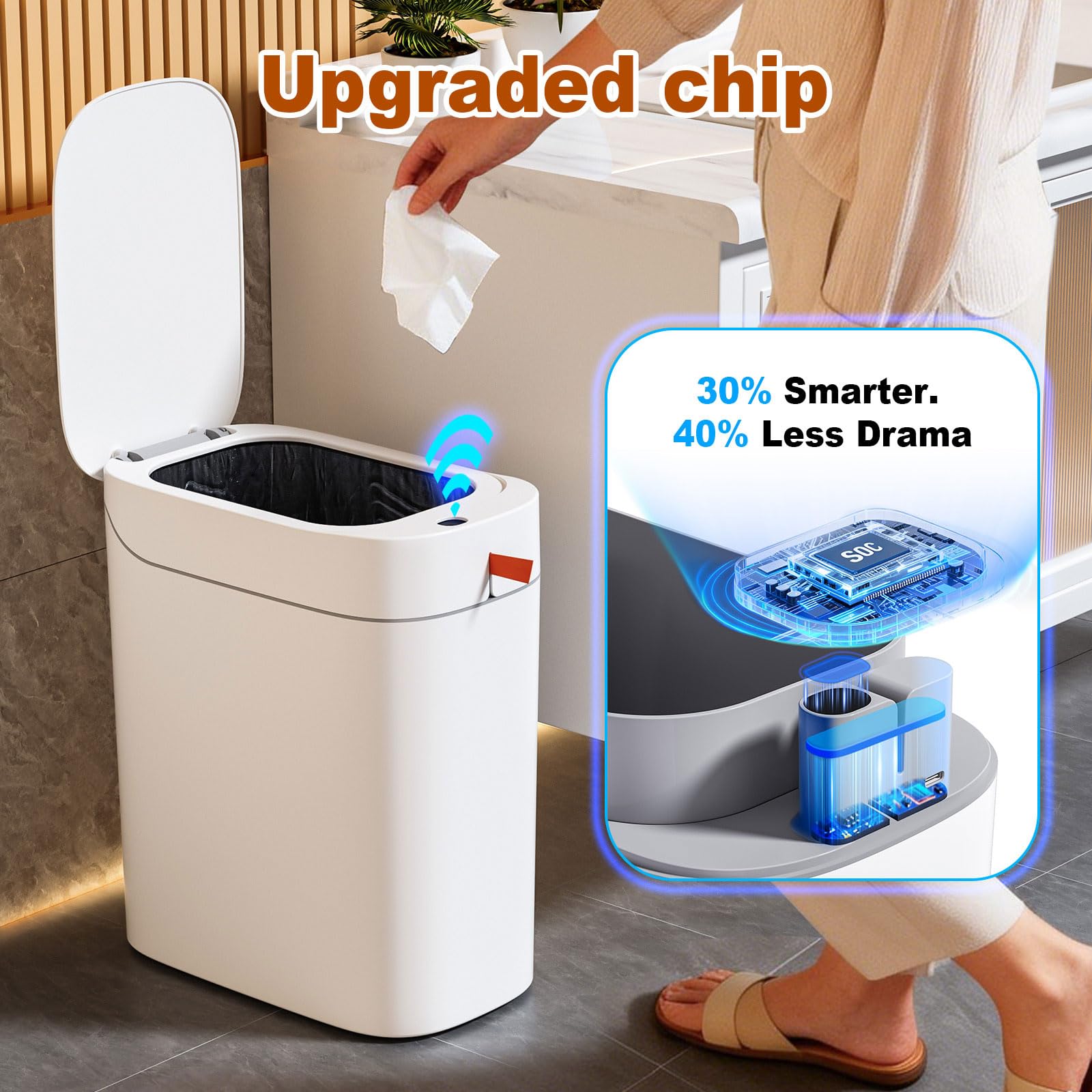 Funest trash can features Type-C rechargeable battery for low maintenance.