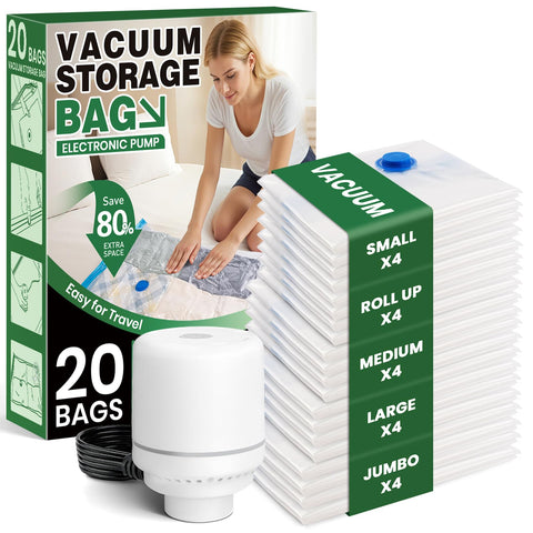 FUNFERY vacuum seal bags jumbo pack closed, saves space in storage.