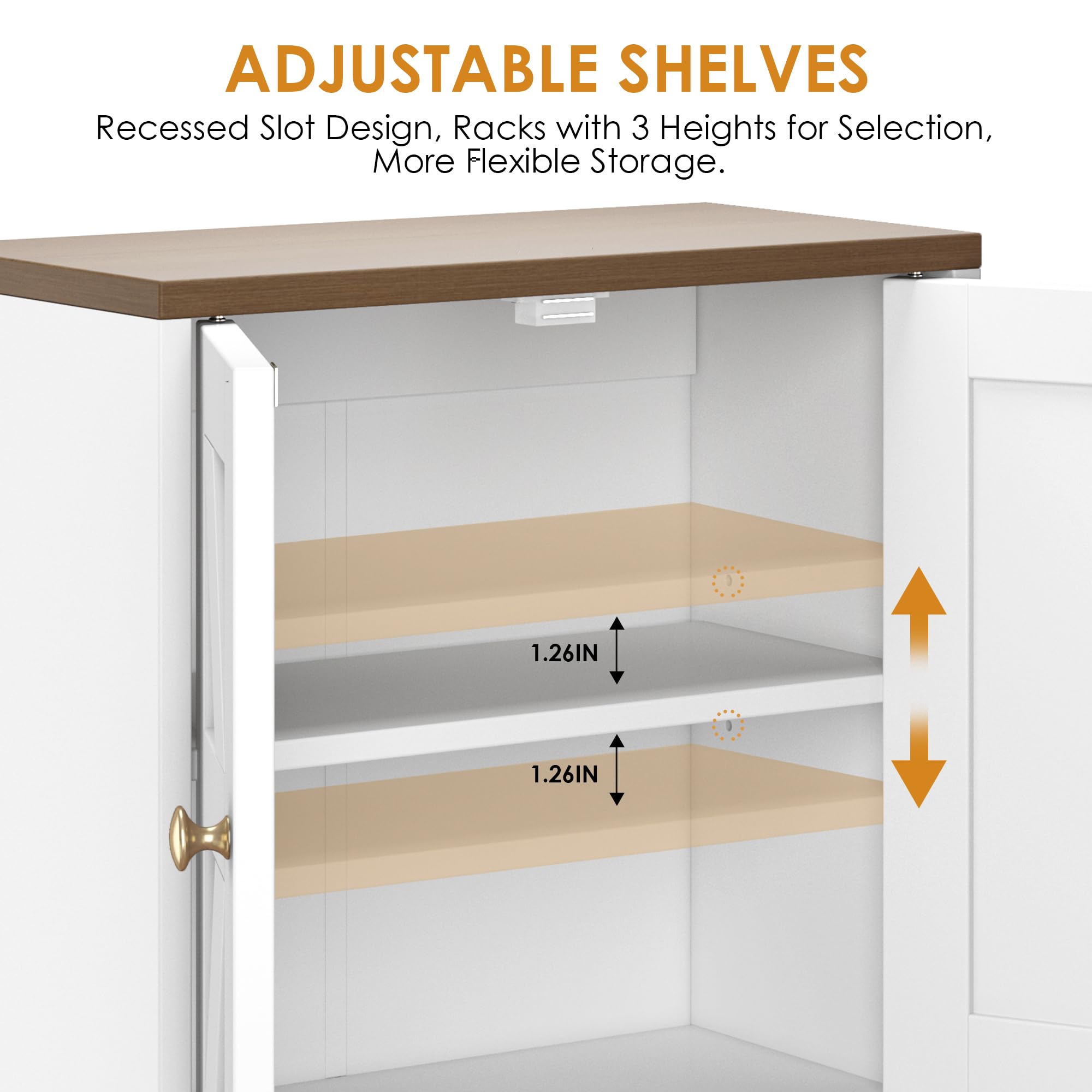 FUNHUKSON farmhouse cabinet with adjustable shelves for tall bottles and boxes.
