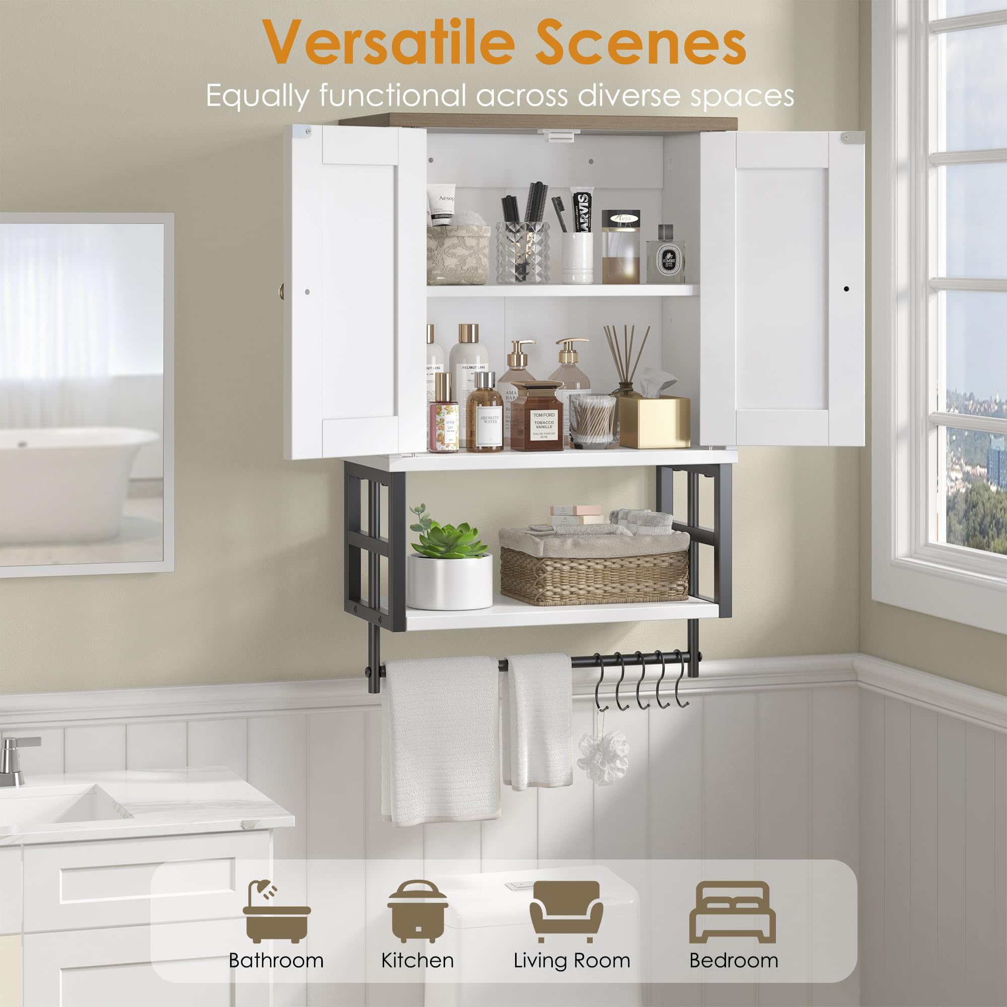 FUNHUKSON cabinet shows five hooks for towels and bath accessories.