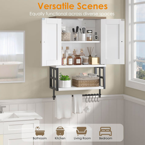 FUNHUKSON cabinet shows five hooks for towels and bath accessories.