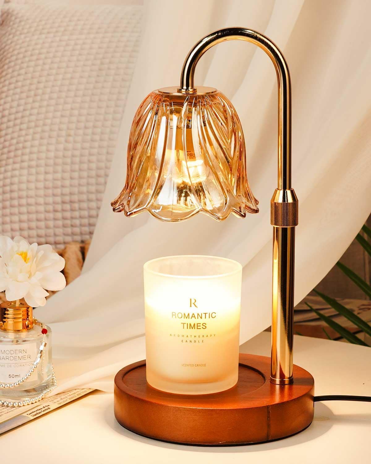 Funistree gold candle warmer lamp with daffodil design for fragrance enhancement
