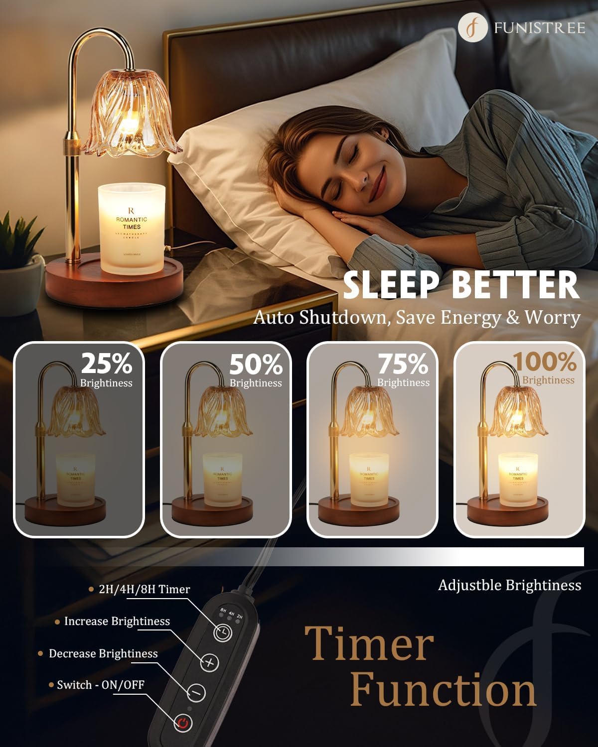 Dimmable brightness on Funistree gold candle warmer lamp for mood control