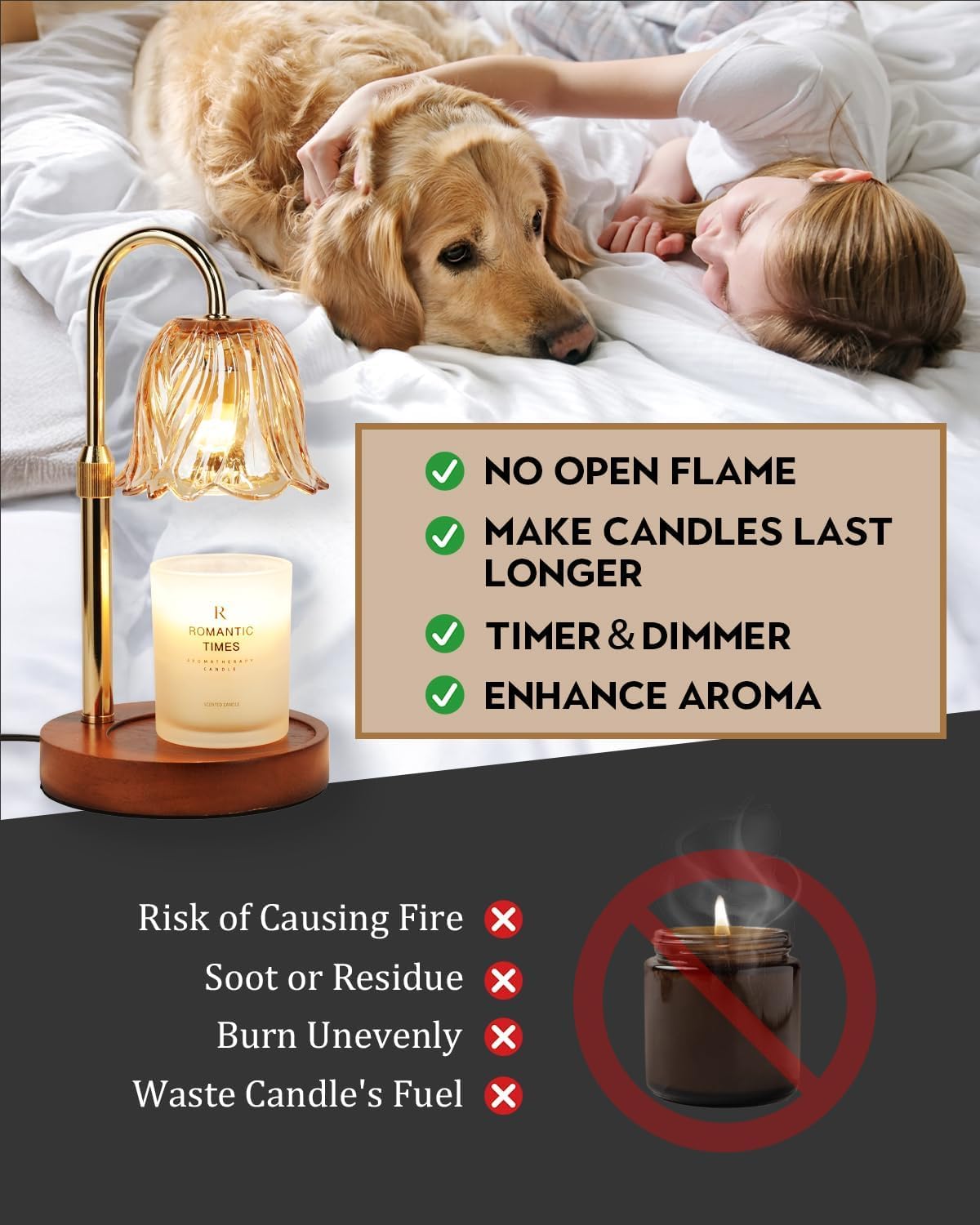 Height-adjustable Funistree gold candle warmer lamp fits various jar candles