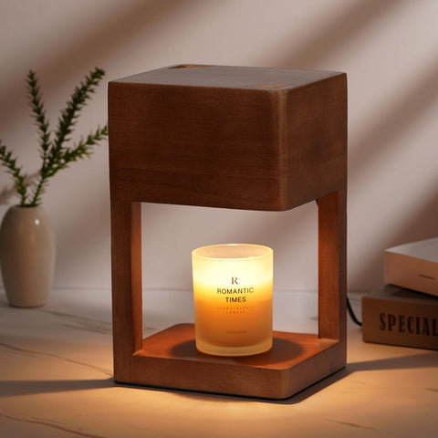 Funistree candle warmer lamp wood with timer glows softly on a shelf for flame-free fragrance