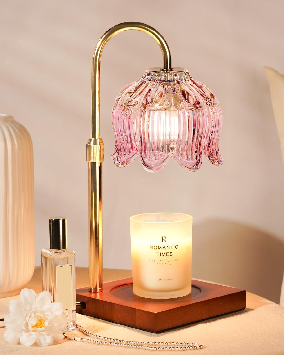 Funistree pink candle warmer base with wooden stand for stable melting