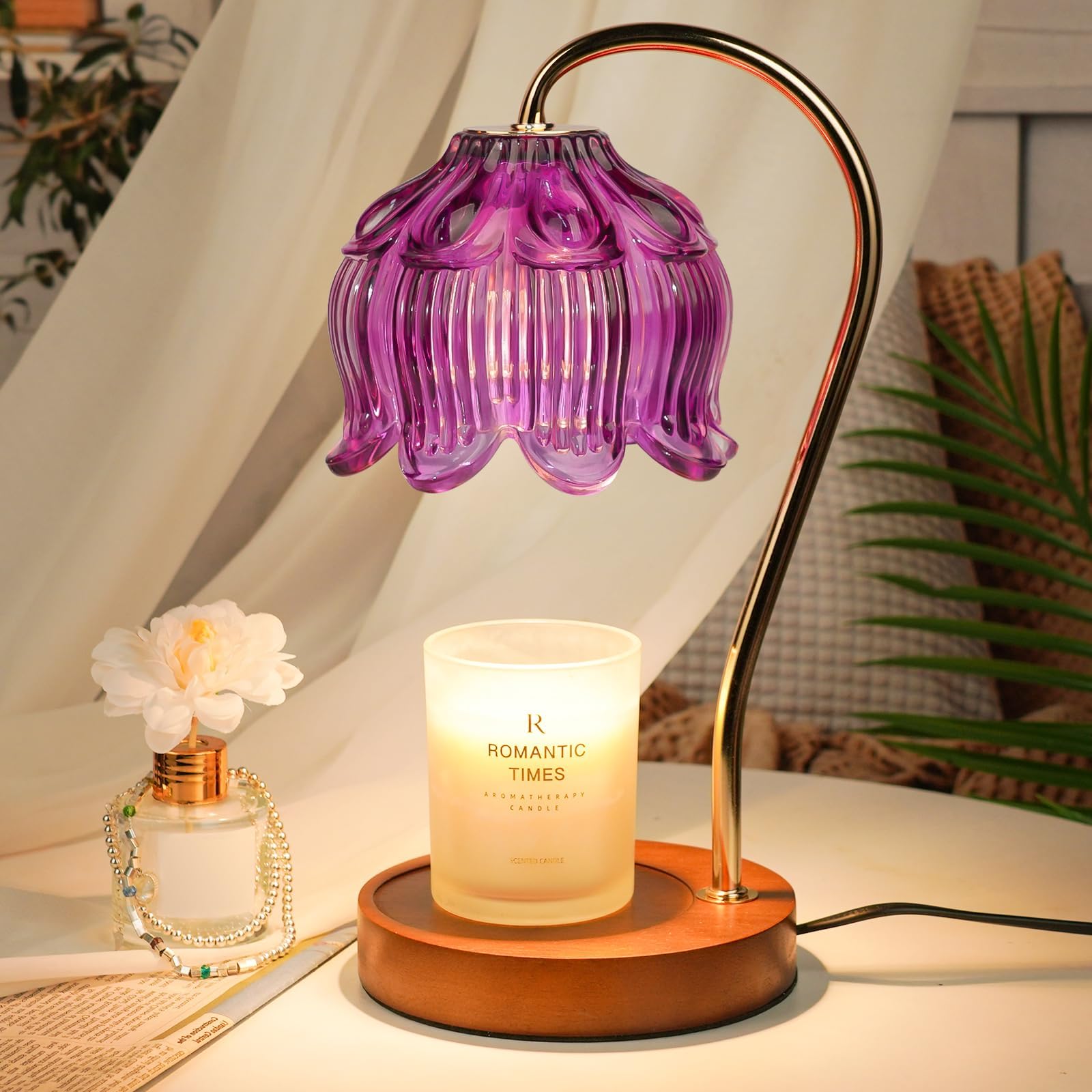 Funistree purple flower candle warmer lamp—flameless fragrance for cozy spaces.