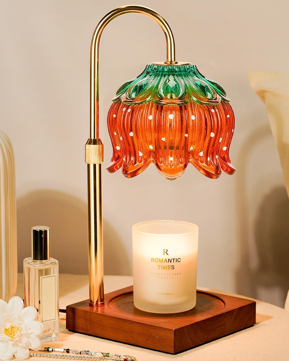 Funistree strawberry candle warmer base with wooden stand for stable heating.