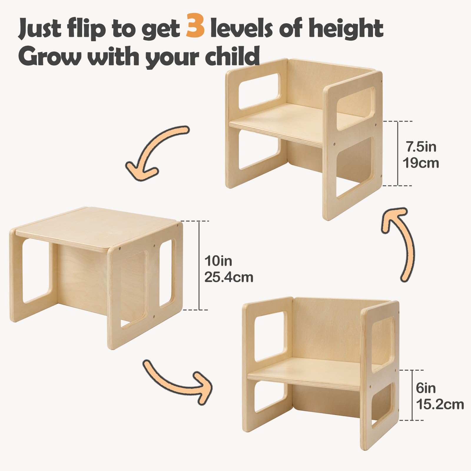 FUNLIO pine wood toddler chair shows three height levels for growing kids.