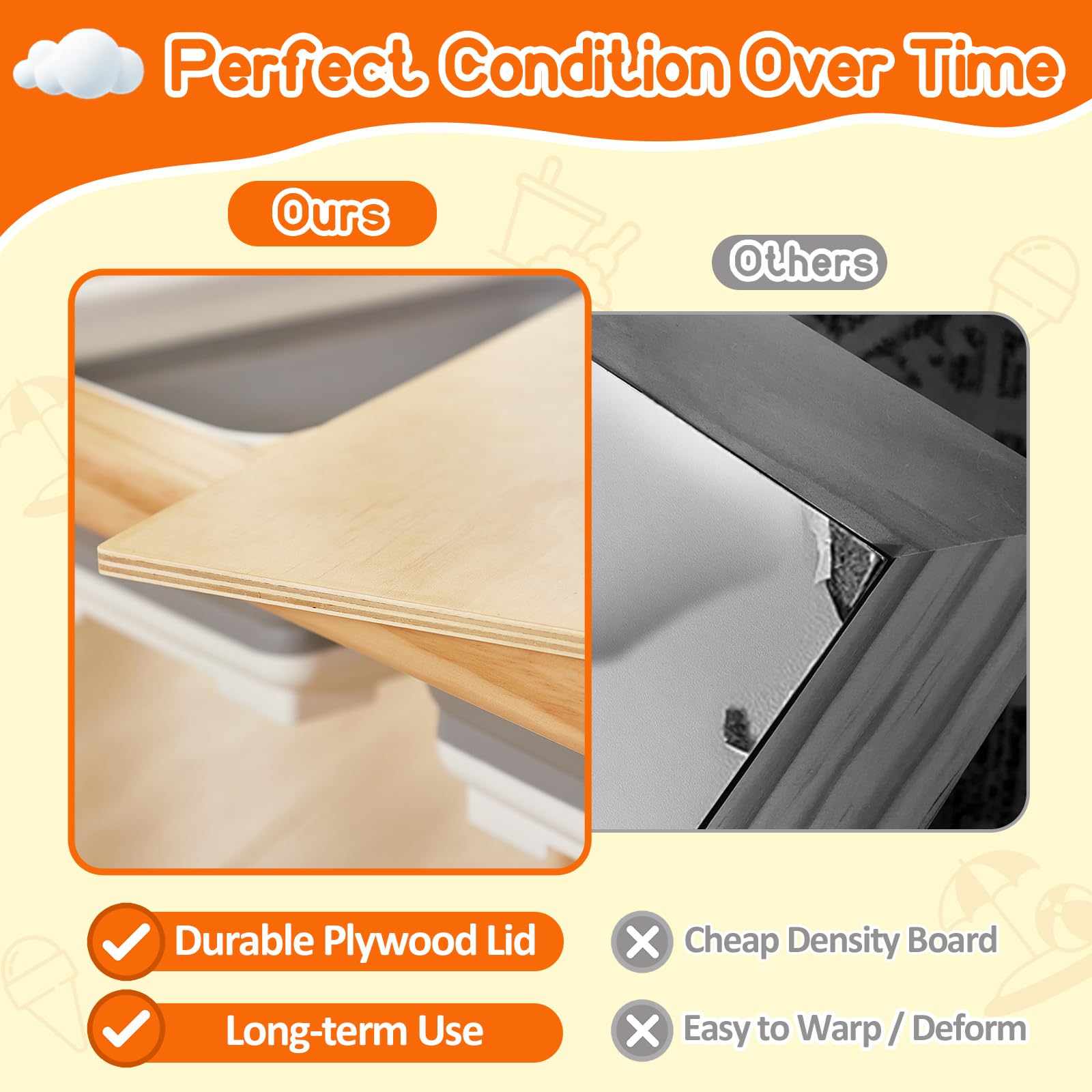 Funlio wooden table demonstrates adjustable legs across three heights.