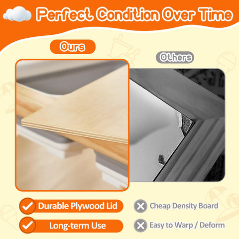 Funlio wooden table demonstrates adjustable legs across three heights.