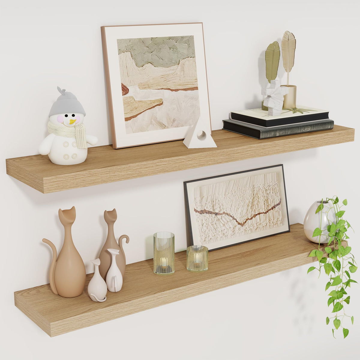 Fun Memories oak floating shelf front view for clean, minimalist room display