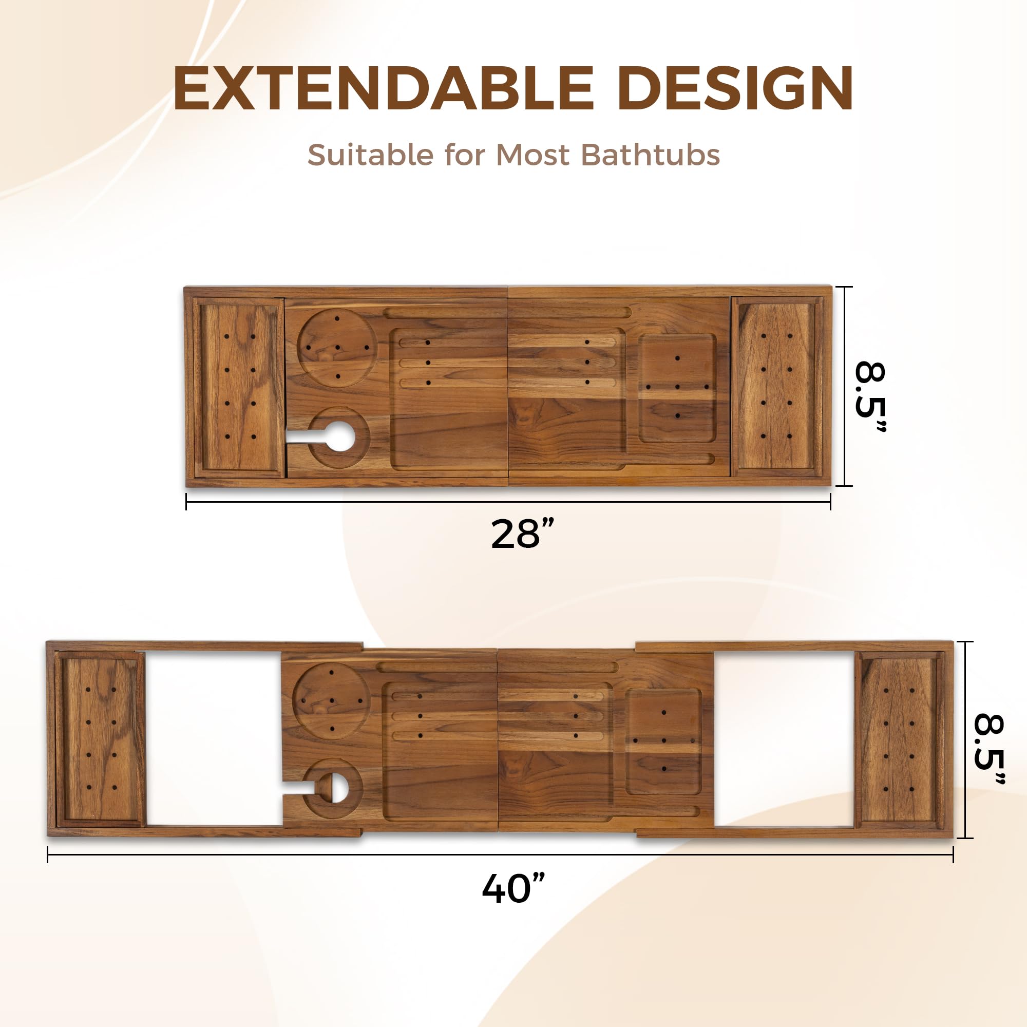 Fun Memories teak bathtub tray folds for compact storage after use.