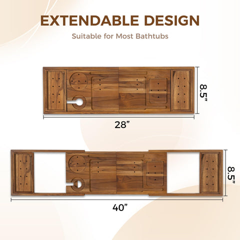 Fun Memories teak bathtub tray folds for compact storage after use.