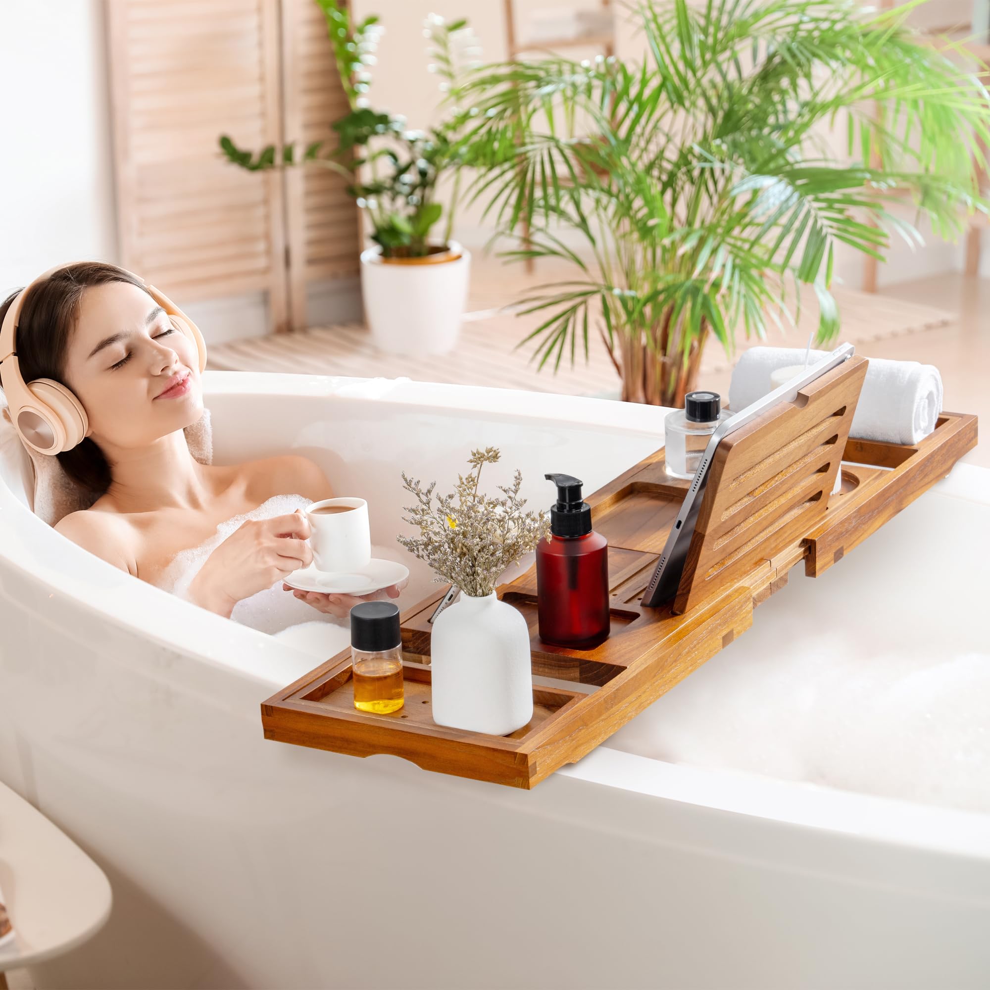 Fun Memories teak bathtub tray natural wood texture highlights premium craftsmanship.