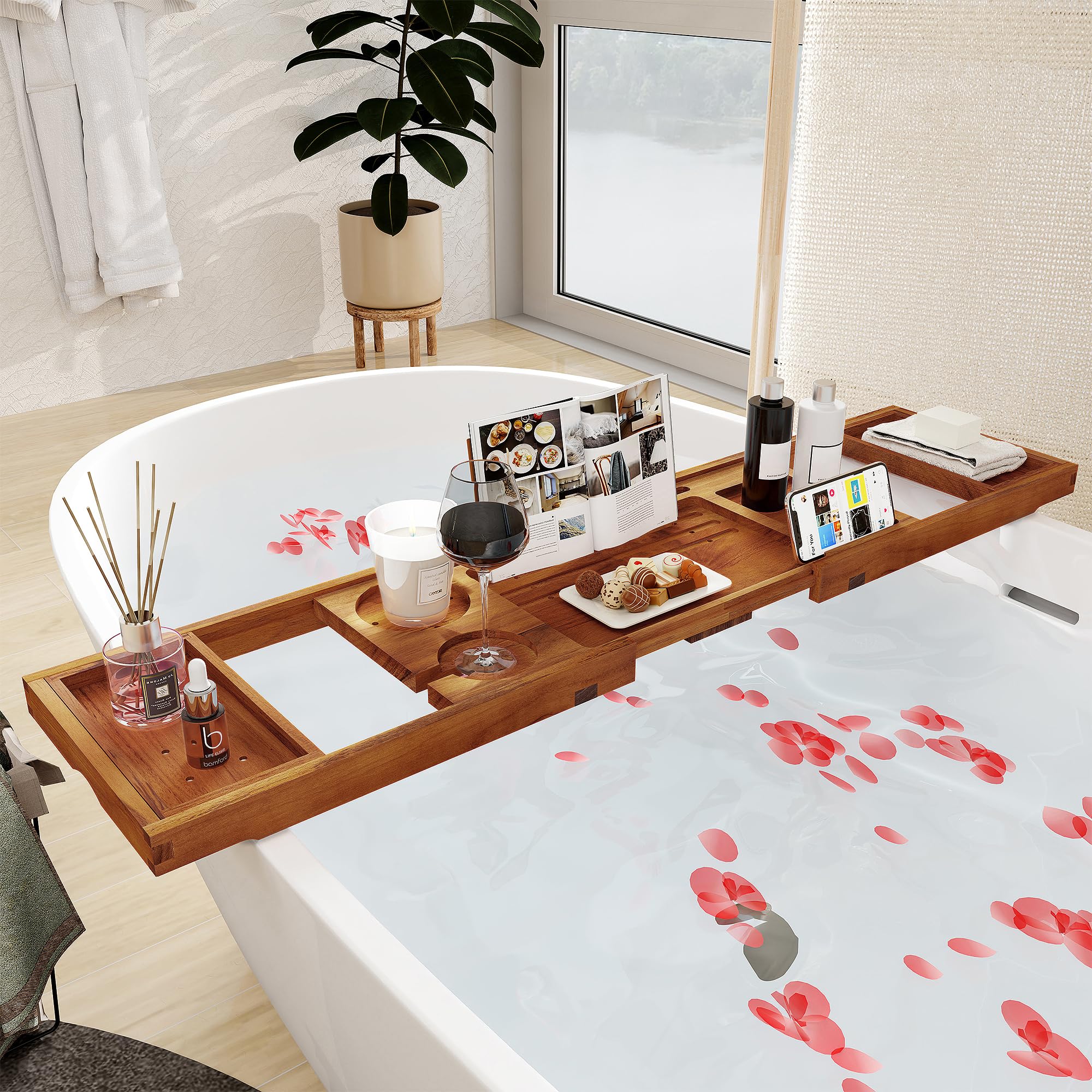 Fun Memories teak bathtub tray with a phone holder for hands-free reading.