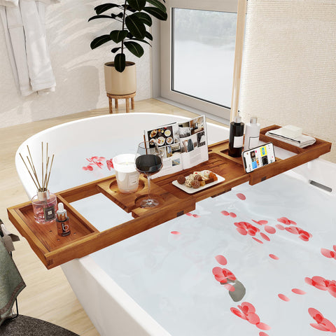 Fun Memories teak bathtub tray with a phone holder for hands-free reading.