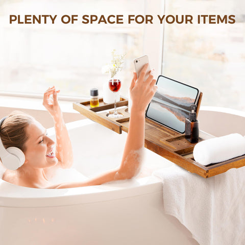 Fun Memories teak bathtub tray silicone grips stabilize on tub surfaces.