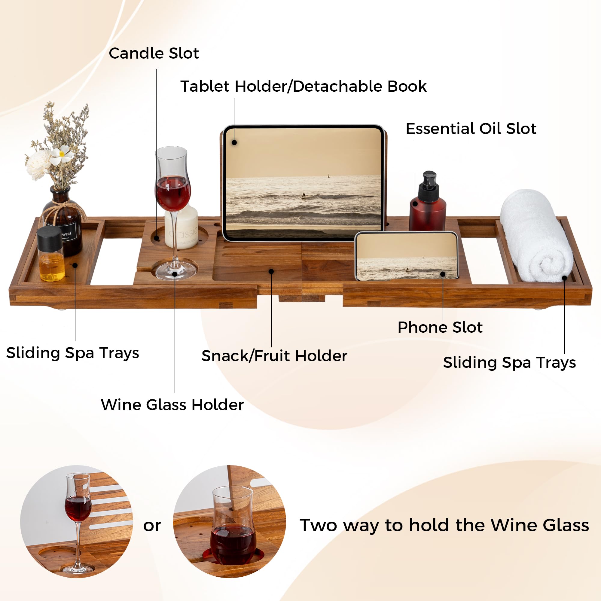 Fun Memories teak bathtub tray with a wine glass holder for a luxurious soak.