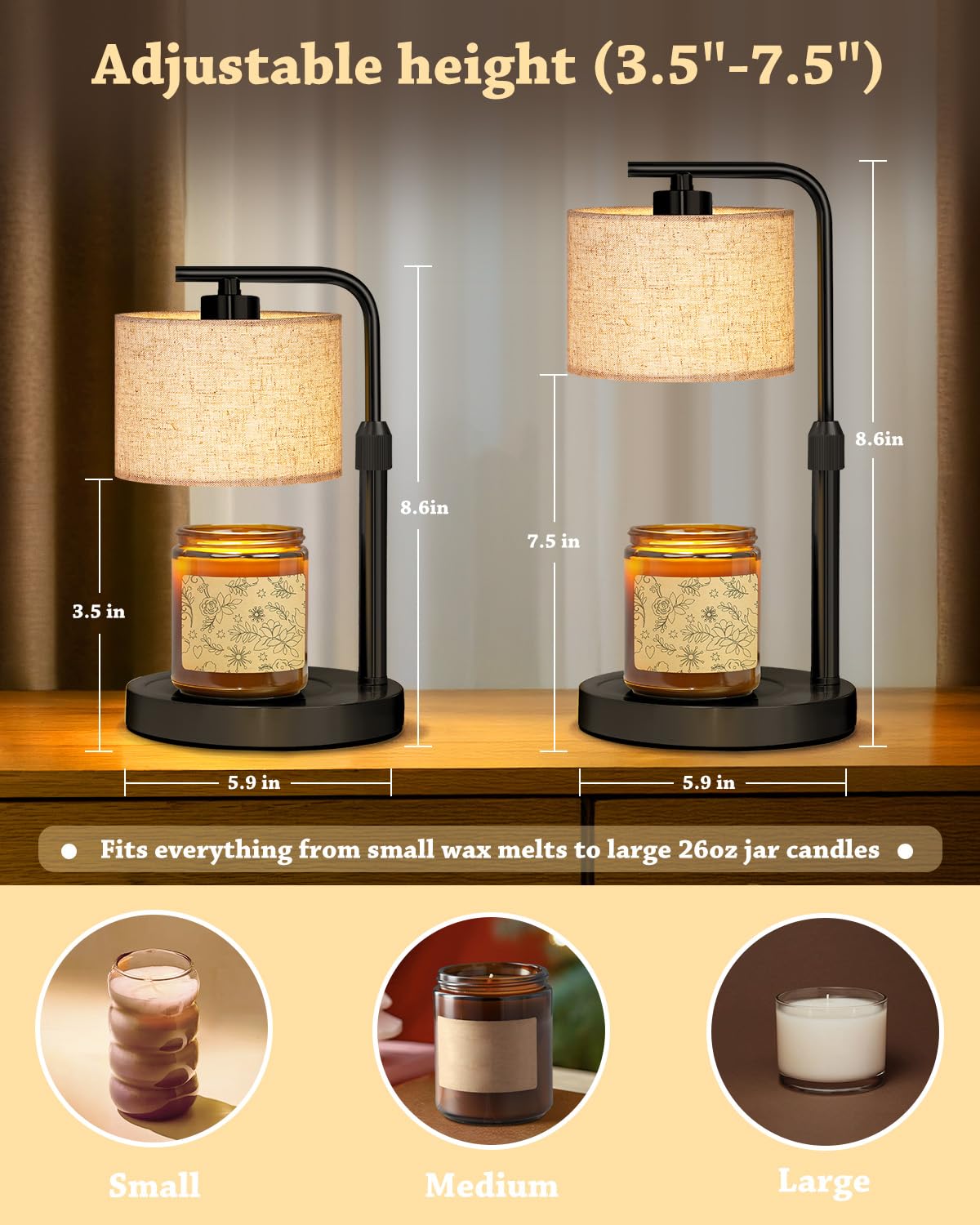 Funnybehom lamp height-adjustable design fits various melts and jars securely.