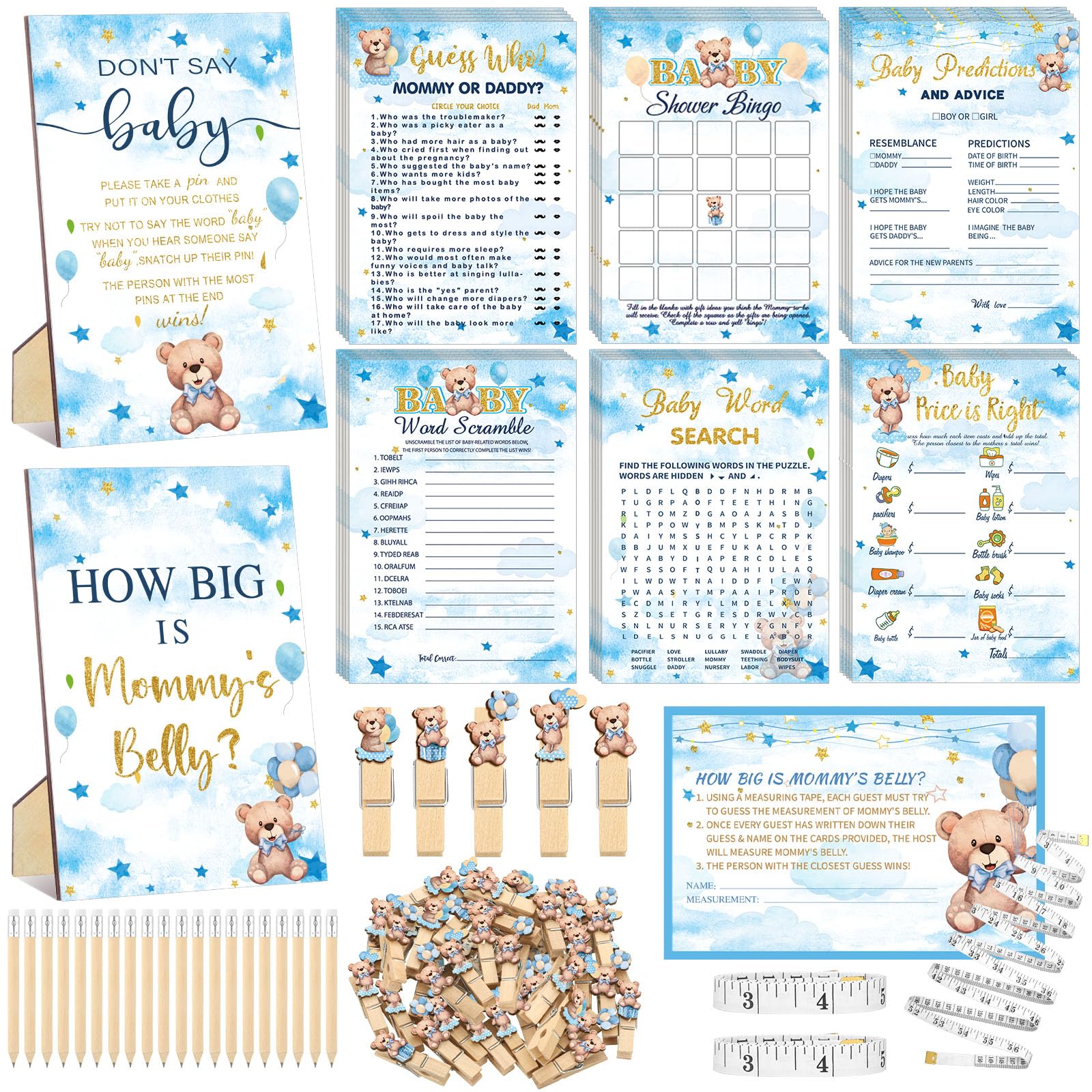 Funnymoom blue bear baby shower games cards for engaging guests in activities