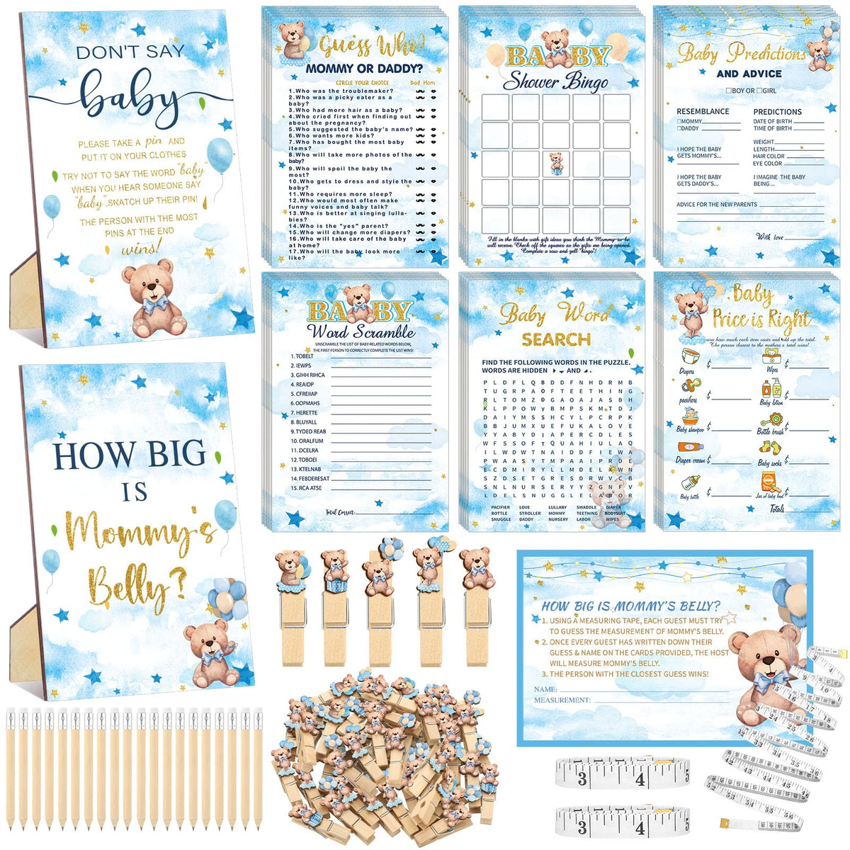 Funnymoom blue bear baby shower games cards for engaging guests in activities