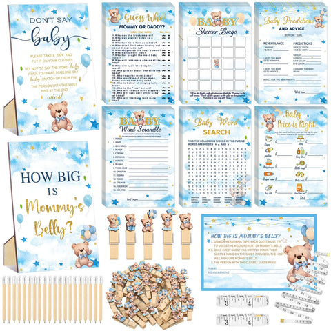 Funnymoom blue bear baby shower games cards for engaging guests in activities