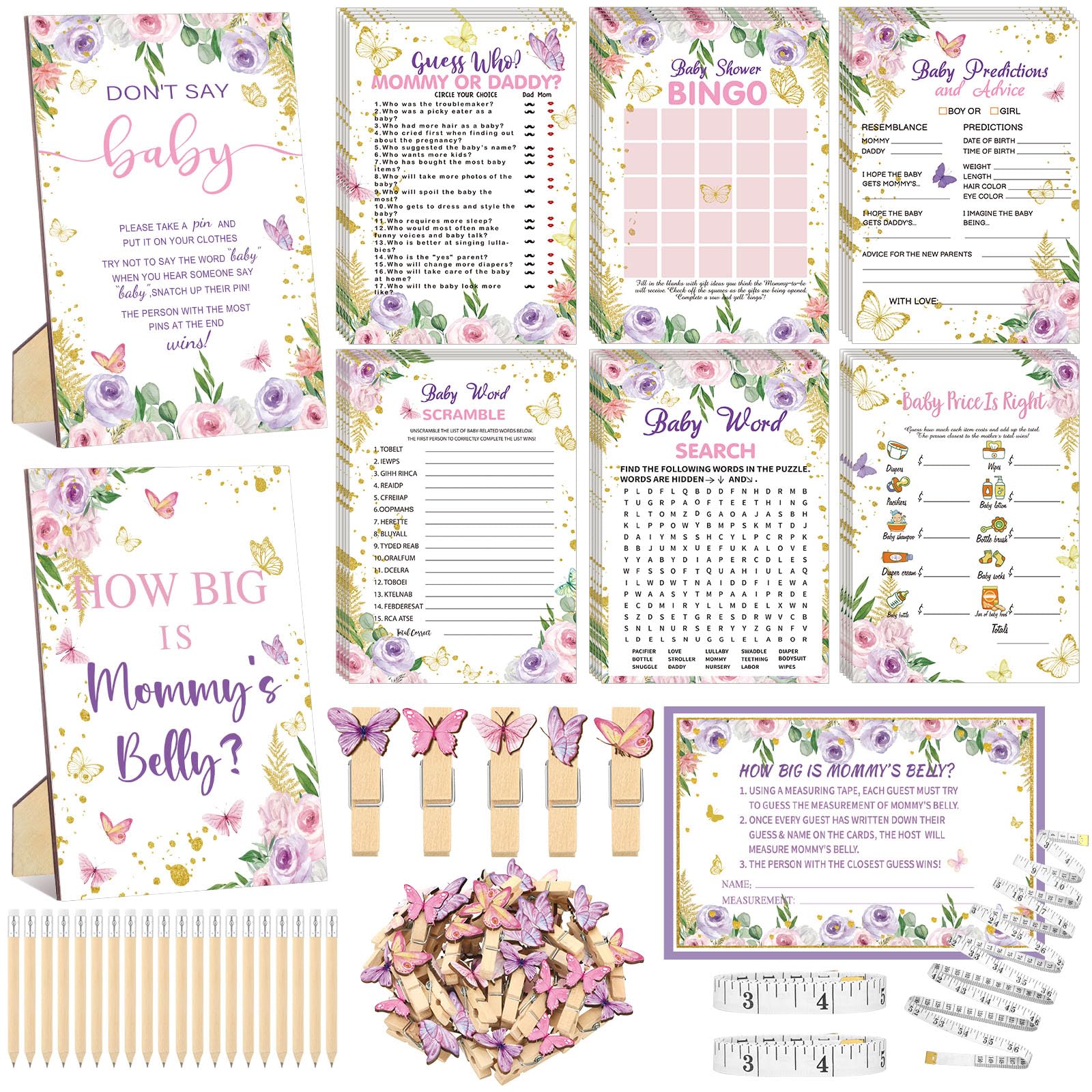 Funnymoom butterfly baby shower games cards set for entertaining guests