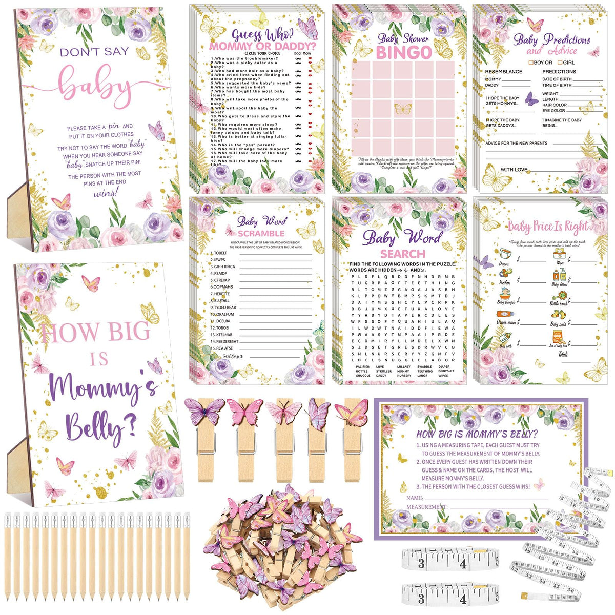 Funnymoom butterfly baby shower games cards set for entertaining guests