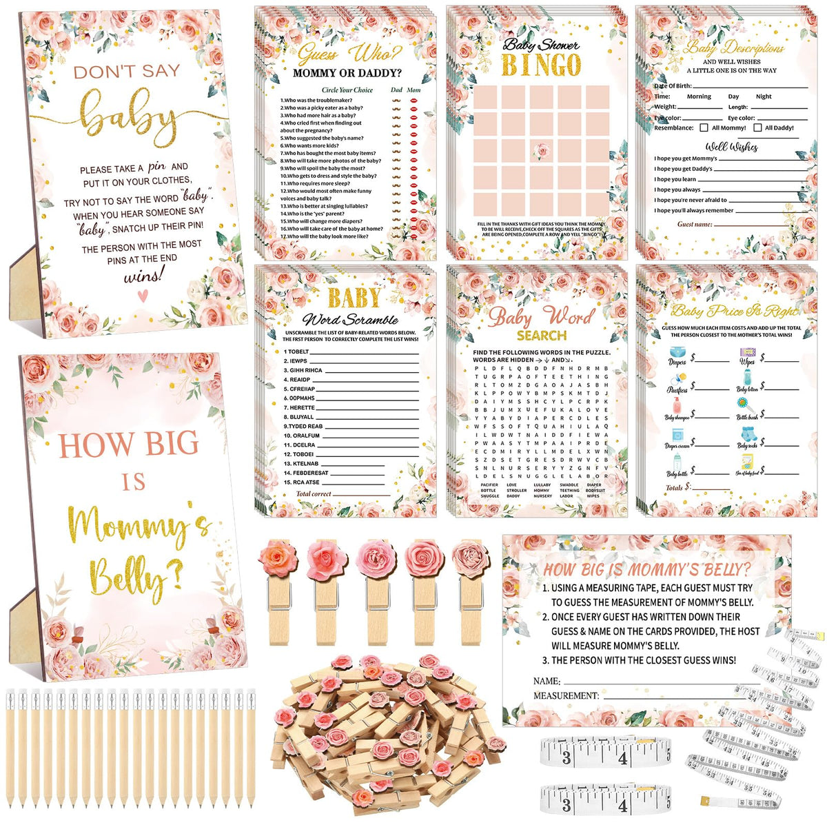 Funnymoom floral baby shower games set cards for guests' activities and memory moments