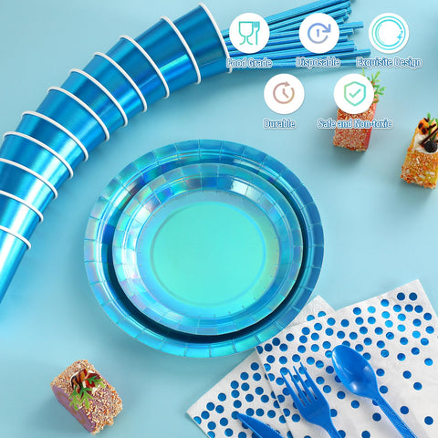 FunnyPars iridescent blue cups enhance beverages at parties.