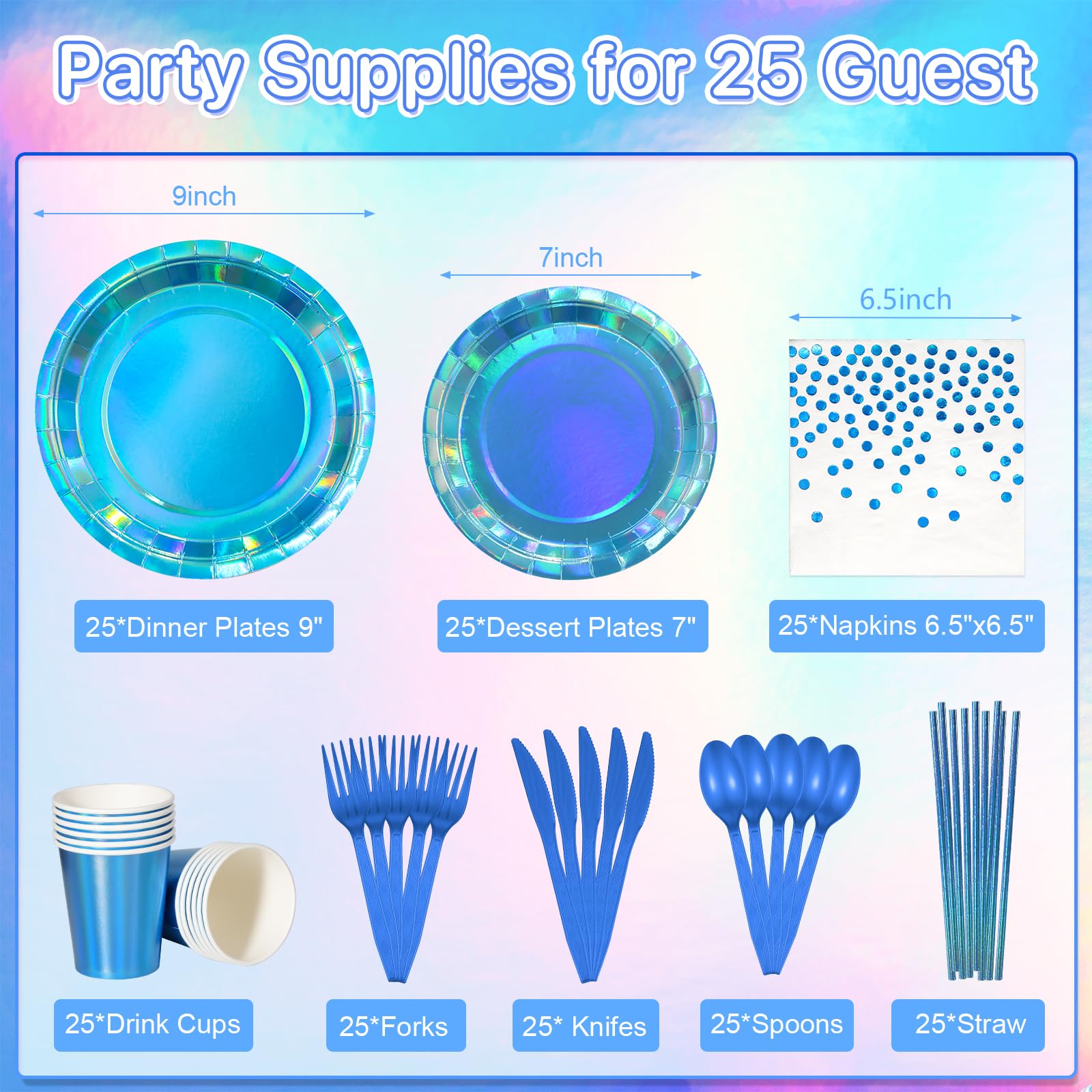 FunnyPars iridescent blue dessert plates add playful shimmer to celebrations.