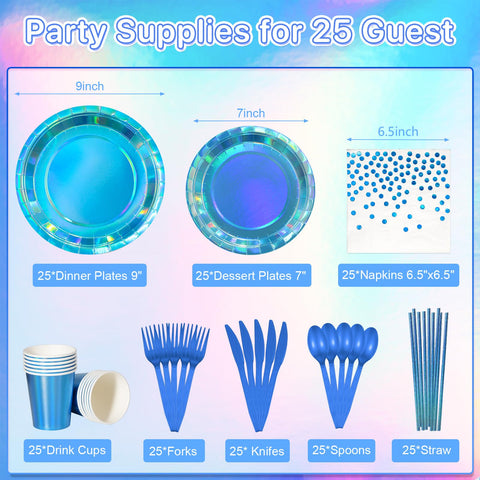 FunnyPars iridescent blue dessert plates add playful shimmer to celebrations.