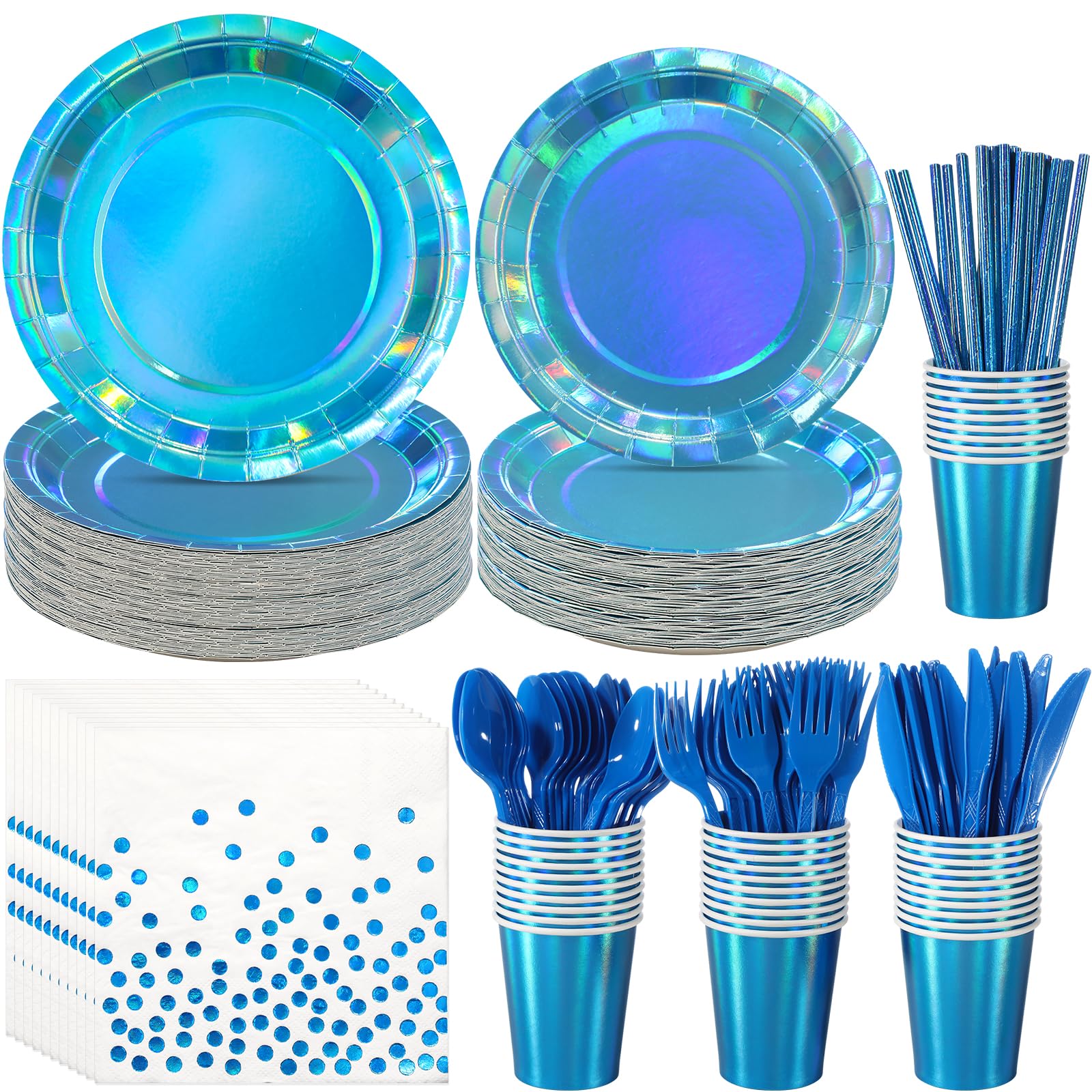 FunnyPars iridescent blue dinner plates brighten wedding tables with shimmering color.