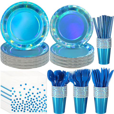 FunnyPars iridescent blue dinner plates brighten wedding tables with shimmering color.