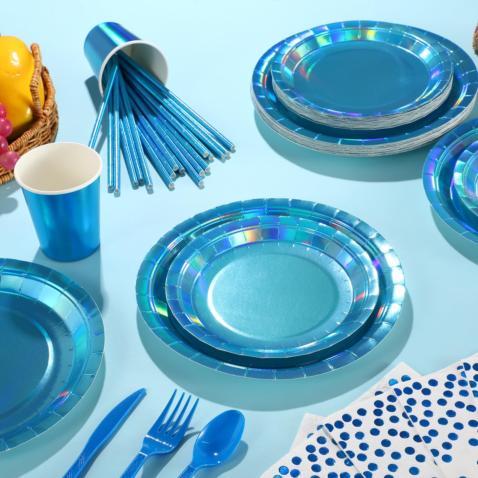FunnyPars iridescent blue napkins coordinate elegant table styling.