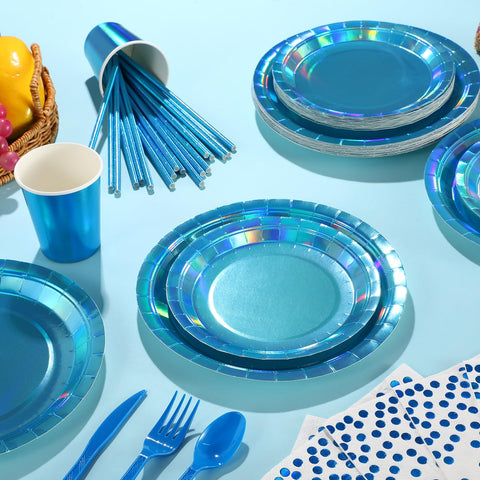 FunnyPars iridescent blue napkins coordinate elegant table styling.