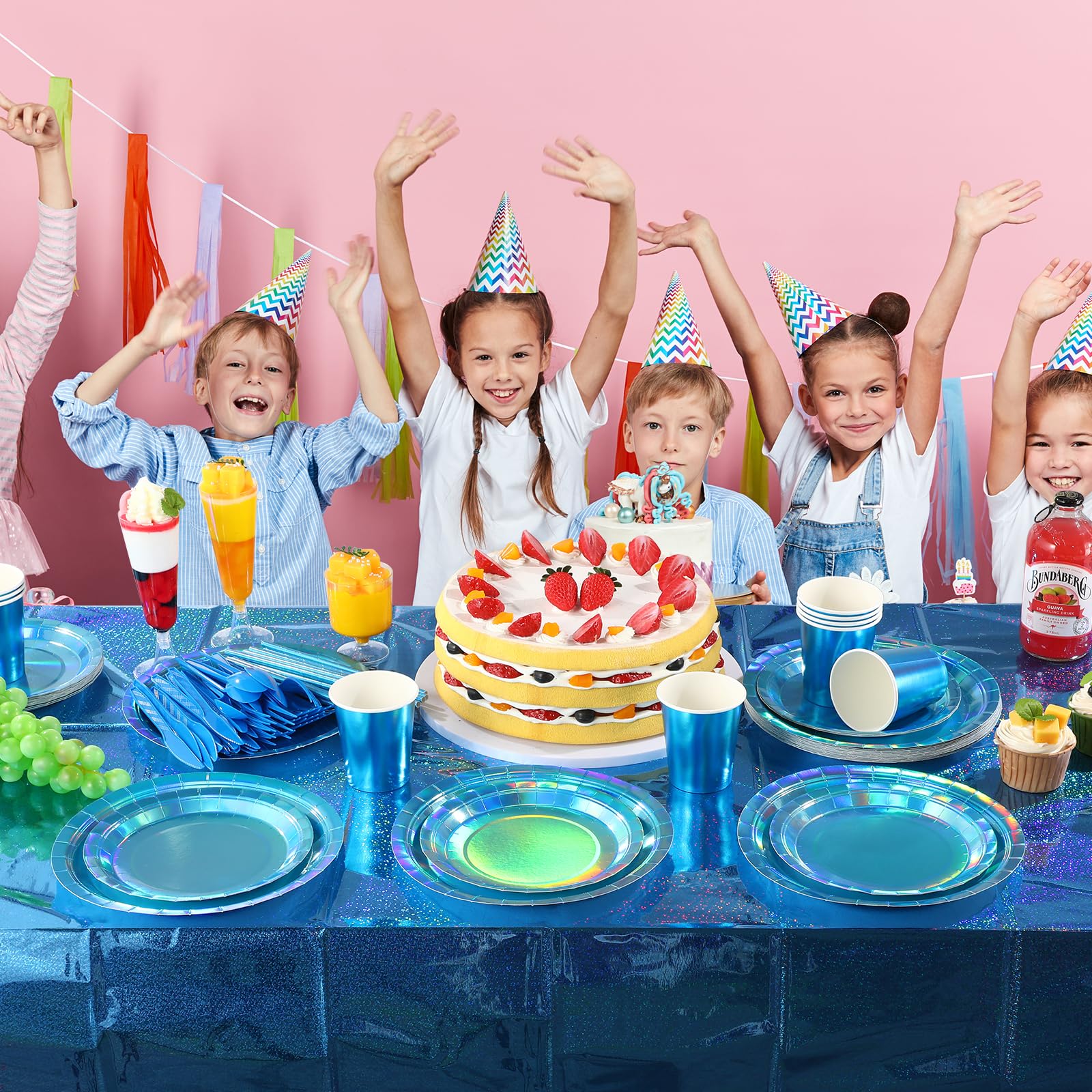 FunnyPars iridescent blue table scene showcases a glamorous shimmer effect.