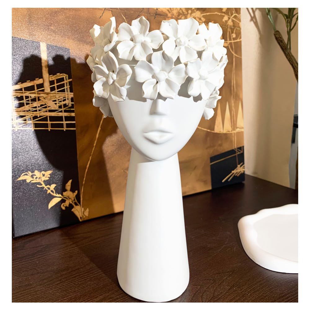 FunsoBa ceramic head vase with white female face, a classy centerpiece for any table.