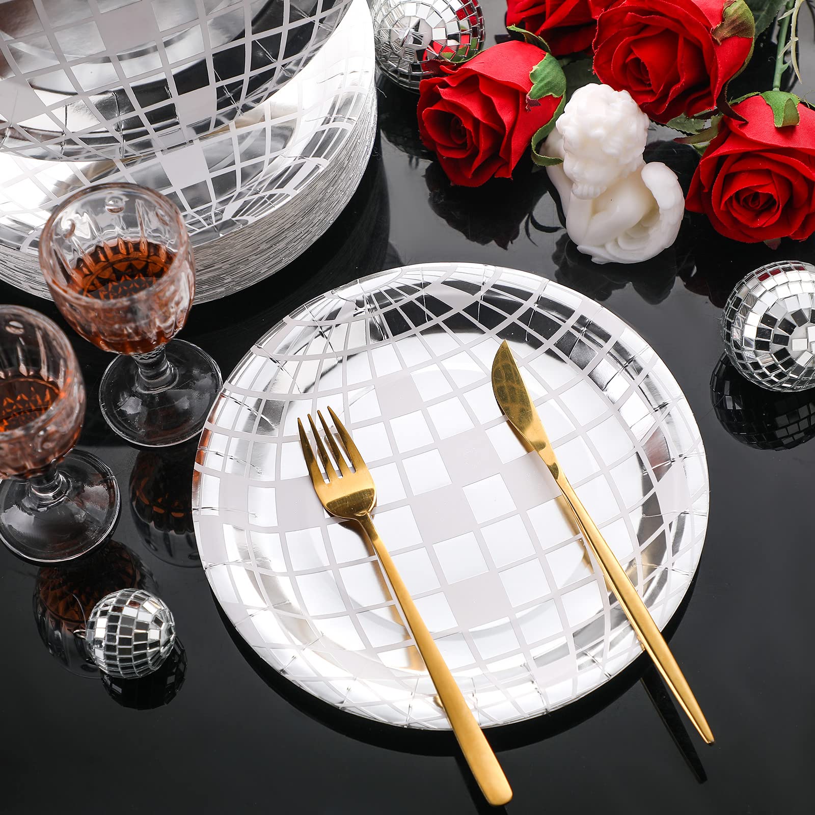 Funtery 70s theme party plates in silver for retro table decor