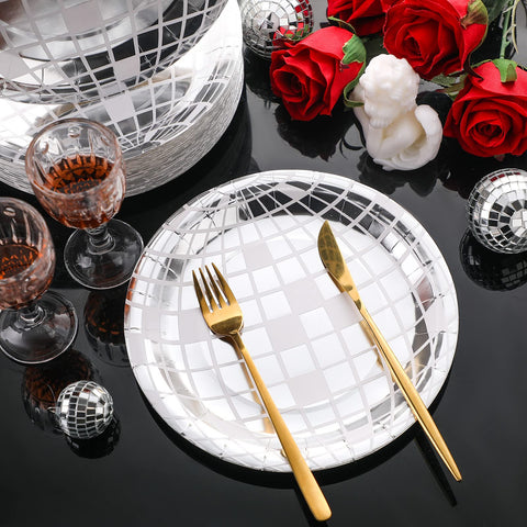 Funtery 70s theme party plates in silver for retro table decor