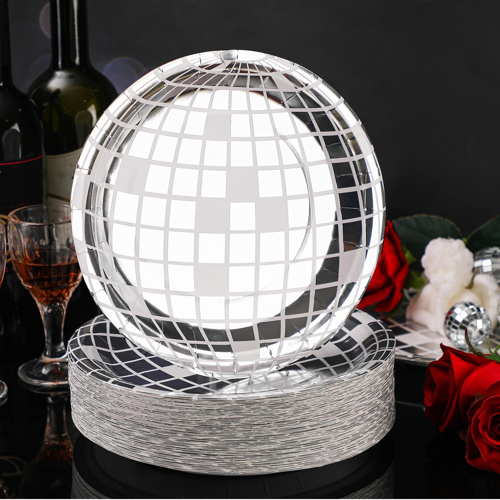 Funtery close-up of disco ball pattern plates, adding glamorous flair