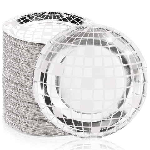 Funtery disco plates 9-inch silver, perfect for hosting retro-themed parties