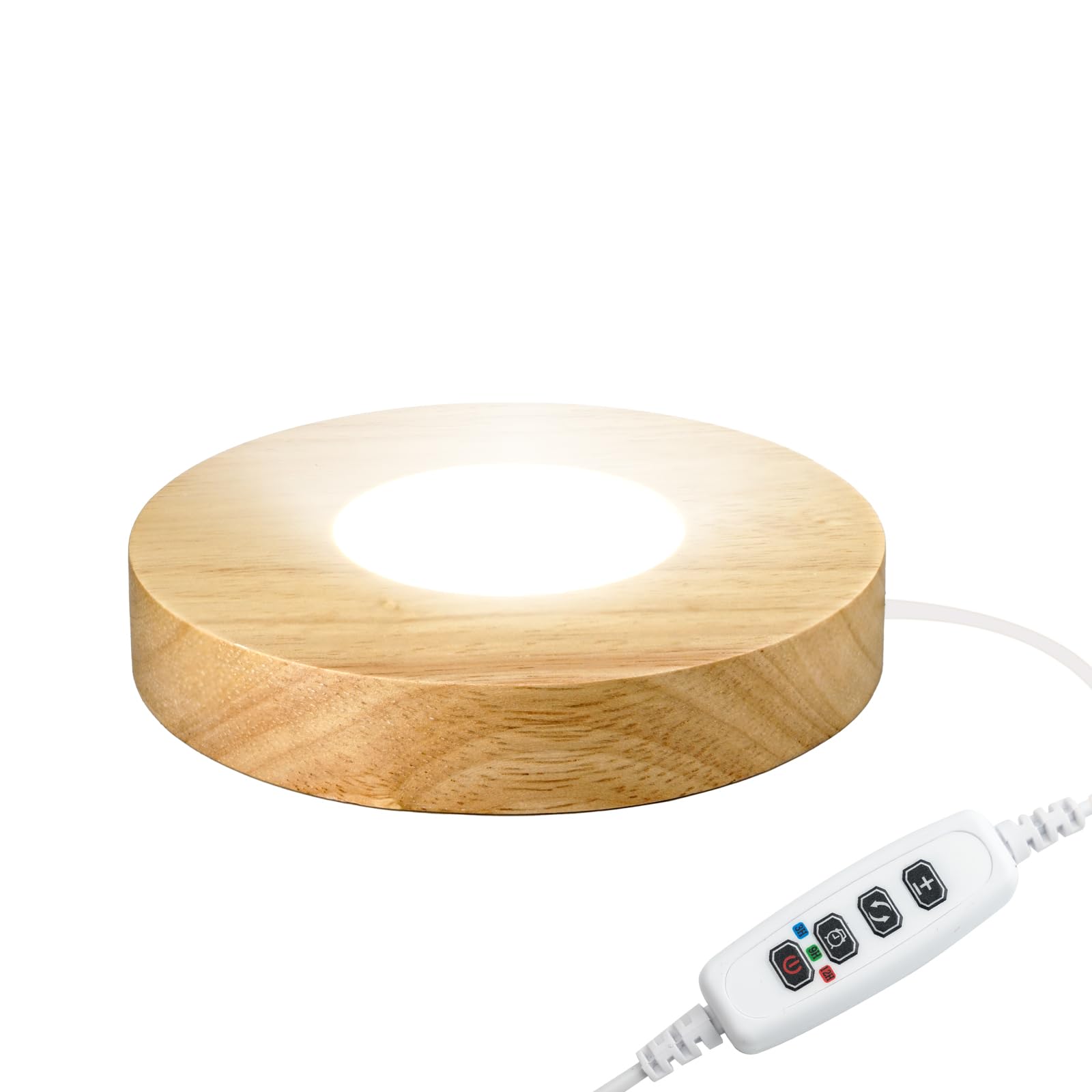 FuoiCorn wood LED light base illuminates crystal displays with an elegant wooden base