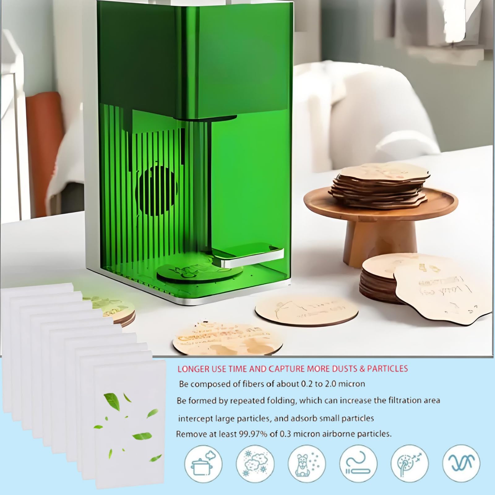 FUOUHEXIE desktop air purifier xTool F1 compatibility highlights simple replacement.