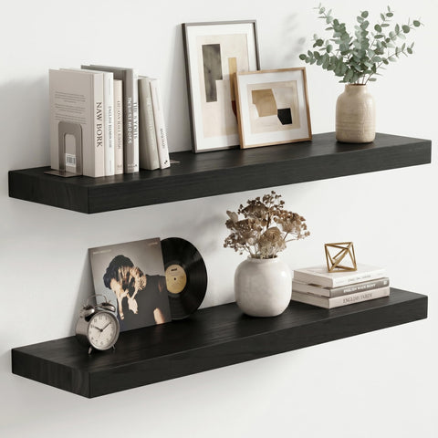 fuqing natural wood floating shelves with hidden brackets on wall for clean display and extra storage.