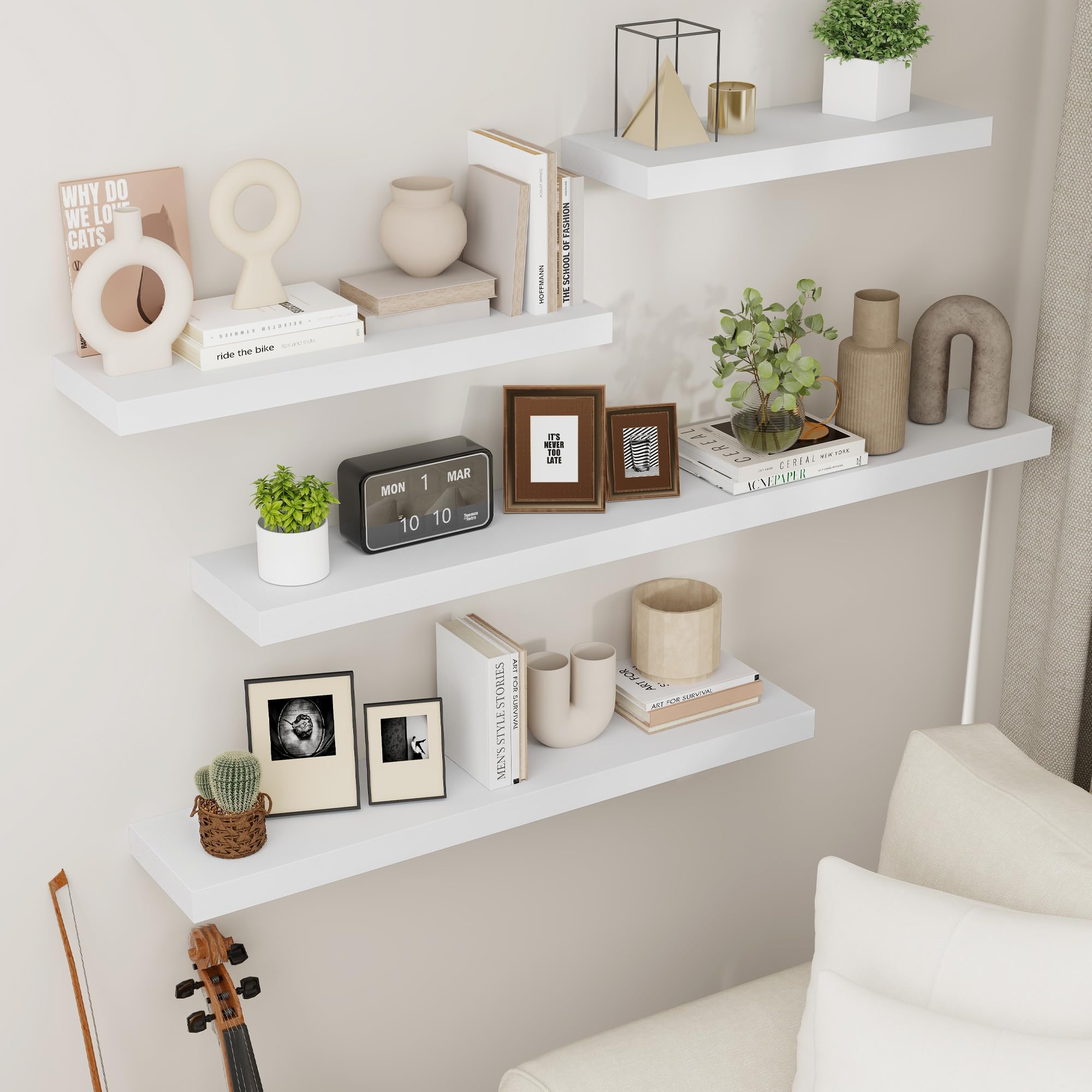 fuqing white shelves brighten living areas and create a focal point.
